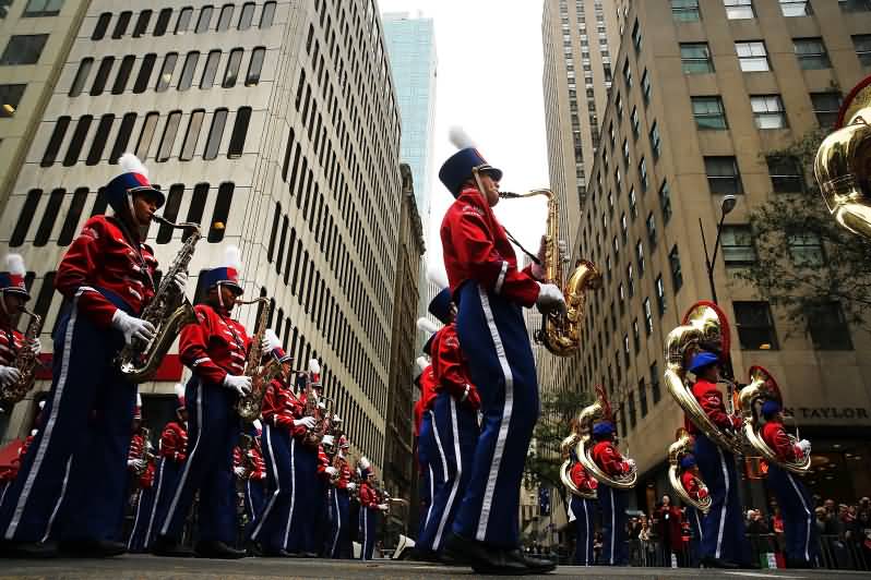 Marching Band Taking Part In Columbus Day Parade