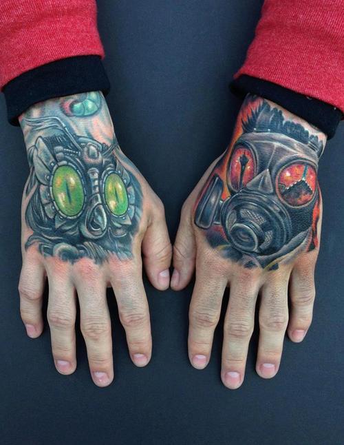 Mechanical Owl Mask And Gas Mask Tattoos On Both Hands