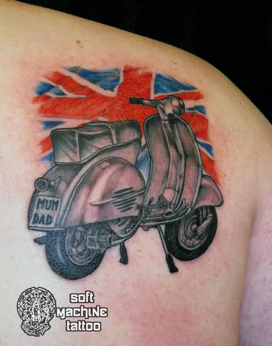 Memorial UK Flag And Vespa Scooter Tattoo On Right Back Shoulder
