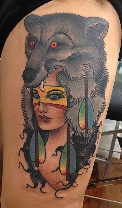 Native Girl With Fox Head Tattoo On Left Thigh