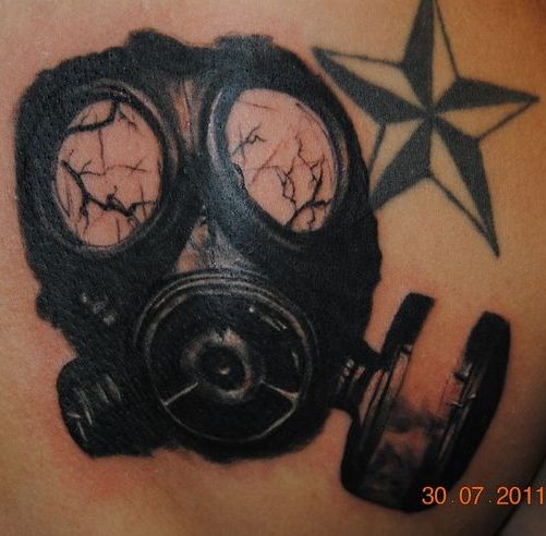 Nautical Star And Gas Mask Tattoo