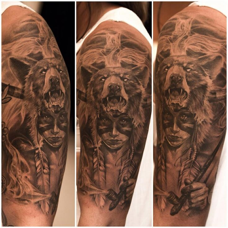 Nice Black And Grey Bear Girl Half Sleeve Tattoo