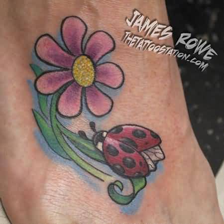 Nice Flower With Ladybug Tattoo