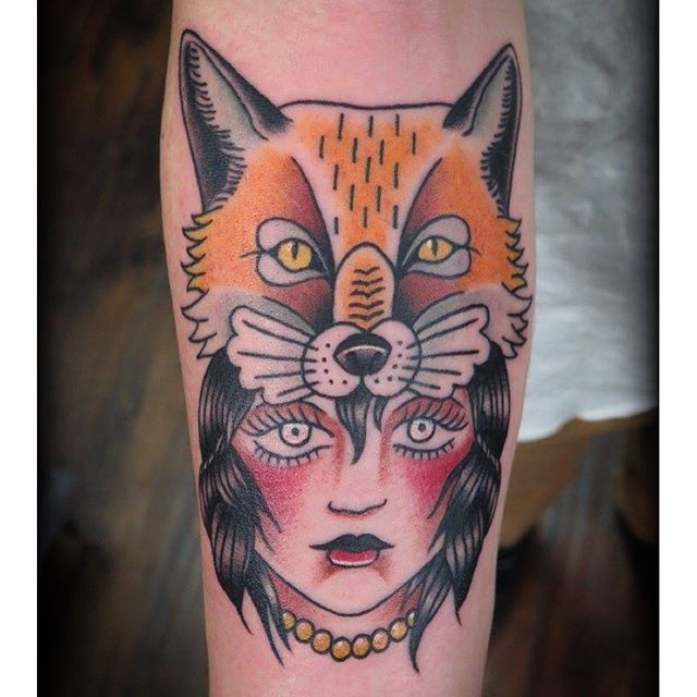 Nice Fox Girl Tattoo On Forearm