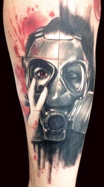 Nice Grey Ink Gas Mask Tattoo by Adam Kremer