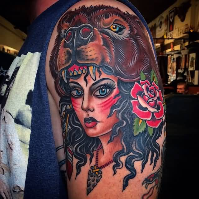 Nice Red Rose And Bear Girl Tattoo On Left Half Sleeve