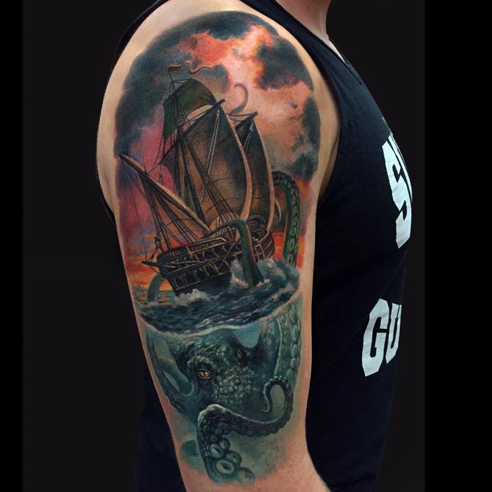 Octopus Pulling Ship Tattoo On Right Half Sleeve by Jamie Lee Parker