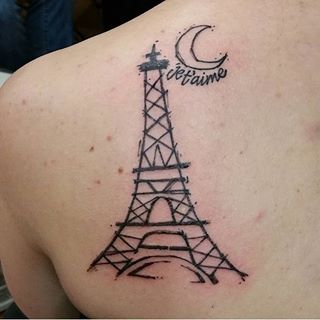 Outline Moon And Eiffel Tower Tattoo On Back Shoulder