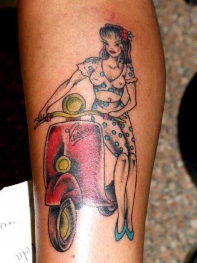 Pin Up Girl On Vespa Tattoo On Leg
