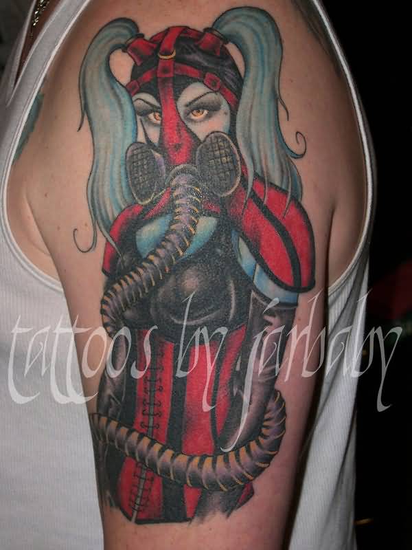 Pin Up Girl With Zombie Gas Mask Tattoo