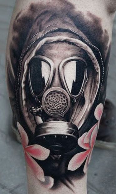 Pink Flowers and Gas Mask Tattoo by AD Pancho