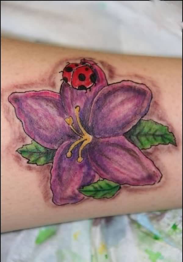 Purple Flower And Ladybug Tattoo Idea