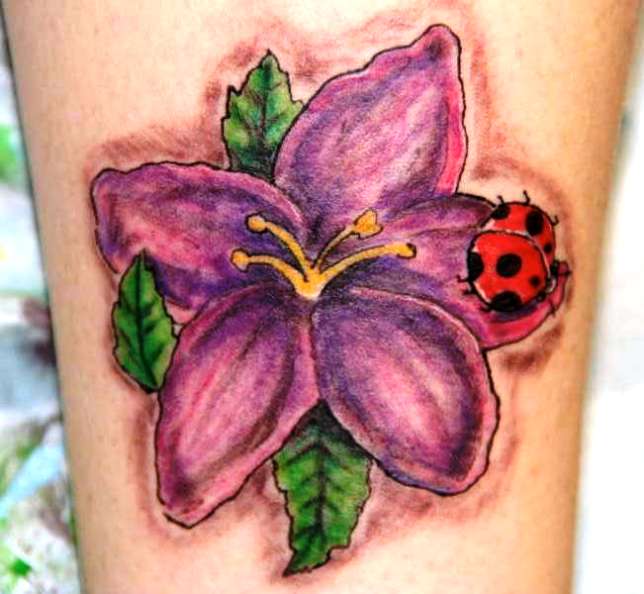 Purple Flower And Ladybug Tattoo Image