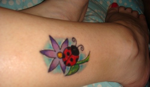 Purple Flower and Ladybug Tattoo On Leg