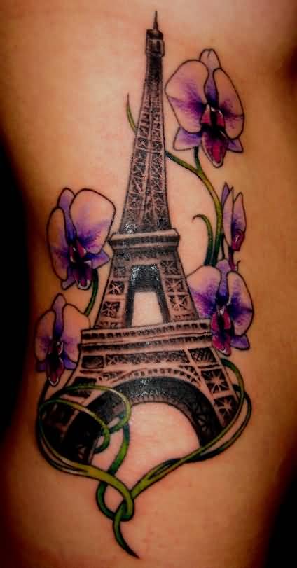 Purple Flowers And Eiffel Tower Tattoo On Side Rib