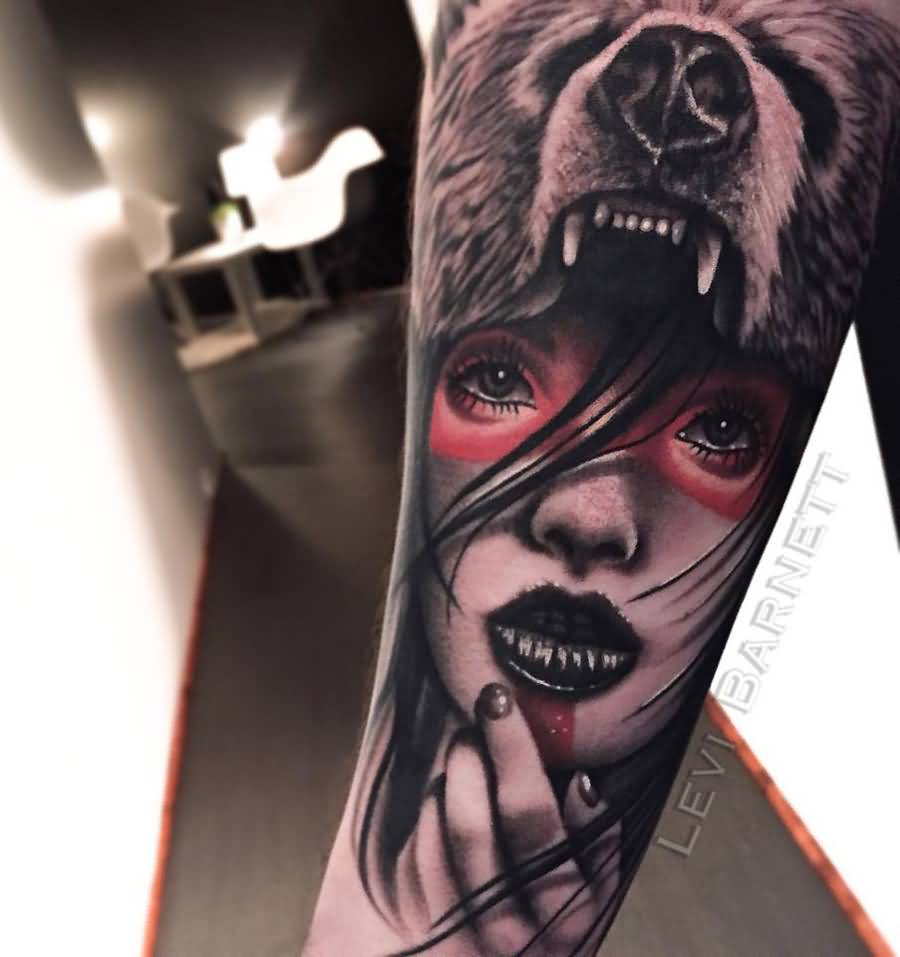 Realistic Bear Girl Tattoo On Arm Sleeve