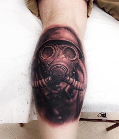 Realistic Gas Mask Tattoo On Leg Calf