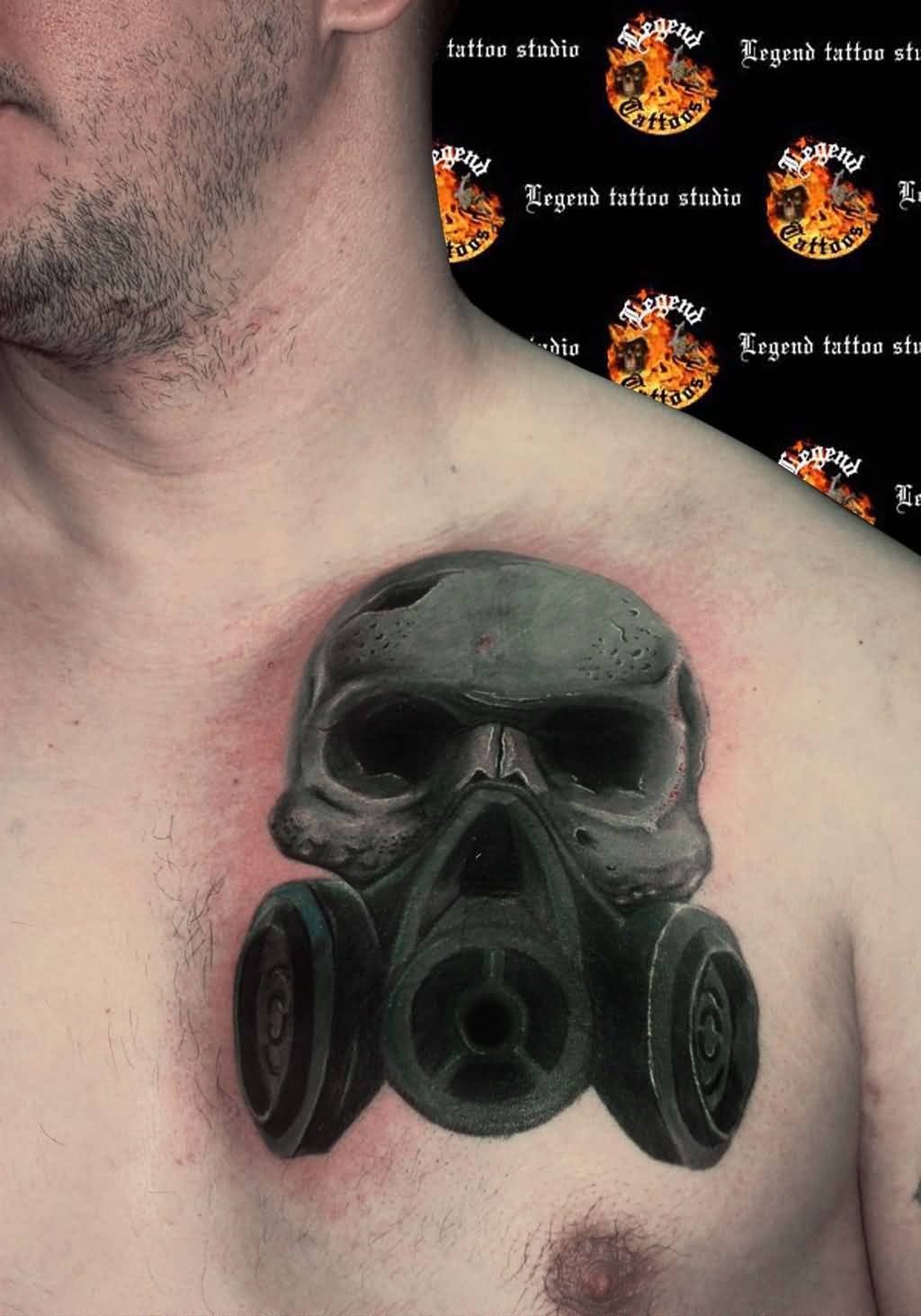 Realistic Gas Mask Tattoo On Man Chest