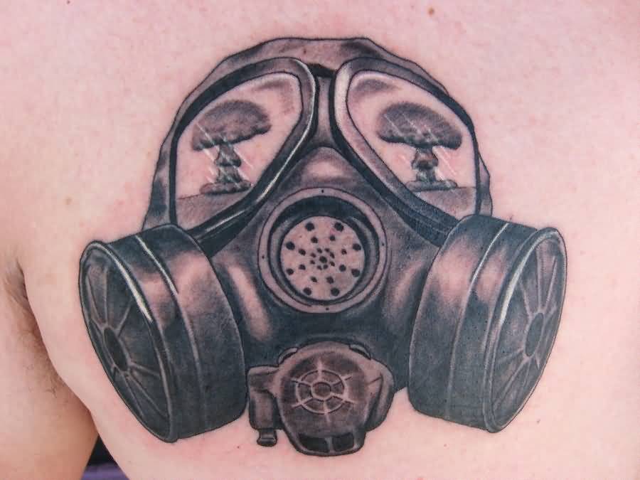 Realistic Grey Ink Gas Mask Tattoo On Back Shoulder