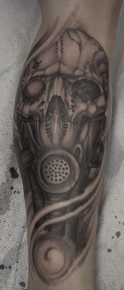 Realistic Grey Ink Gas Mask Tattoo On Leg