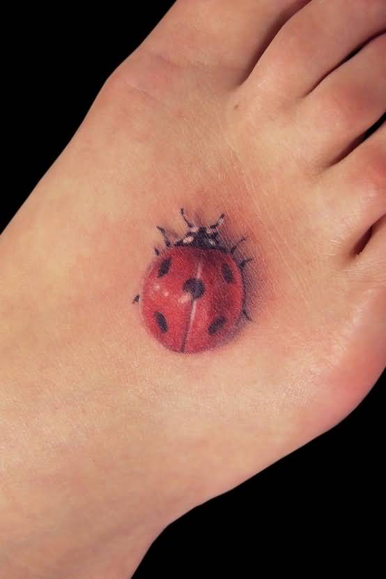 Realistic Ladybug Tattoo On Right Foot