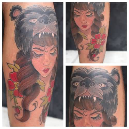 Red Flower And Bear Girl Tattoo Picture