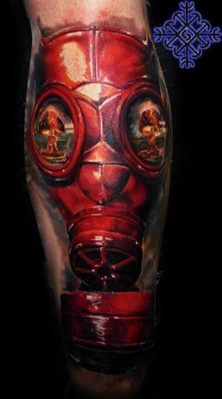 Red Gas Mask Tattoo On Leg