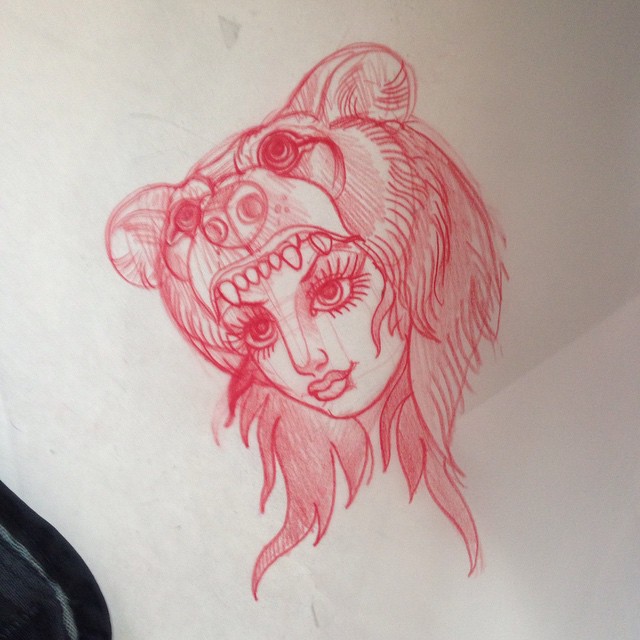 Red Ink Bear Girl Head Tattoo Design