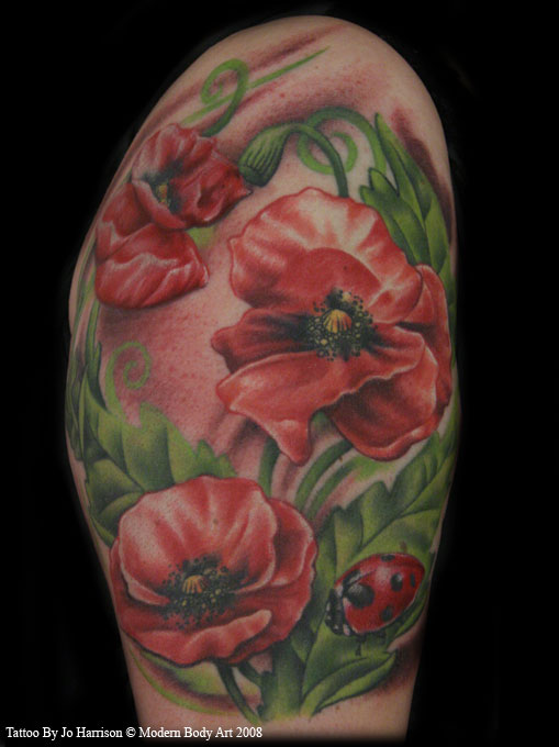 Red Poppy Flowers And Ladybug Tattoo Design For Shoulder