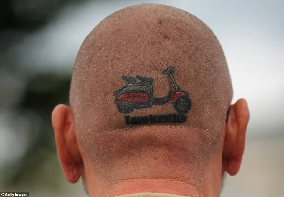 Red Scooter Tattoo On Man Head