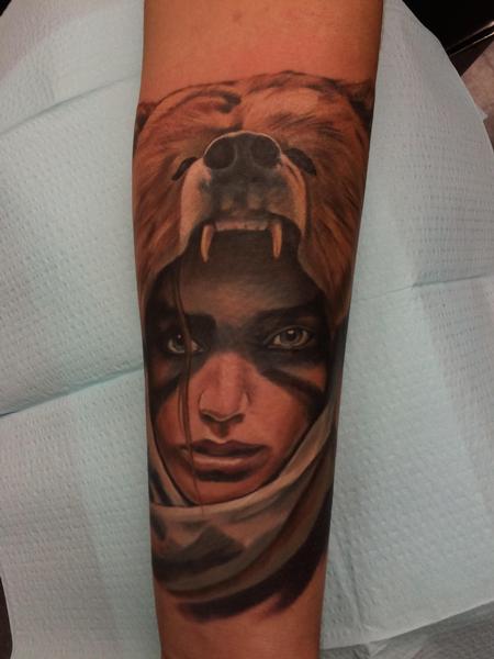 Right Arm Black And Grey Bear Girl Tattoo