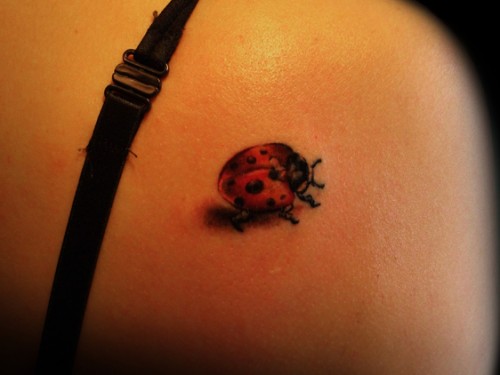 Right Back Shoulder Moving Ladybug Tattoo