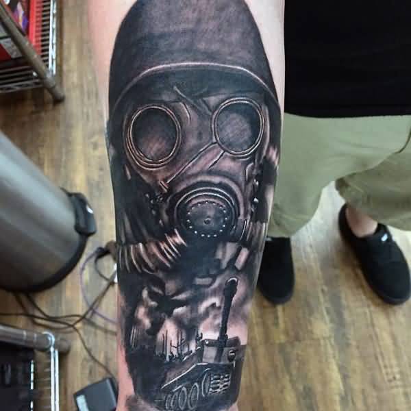 Right Forearm Gas Mask Tattoo On Right Arm