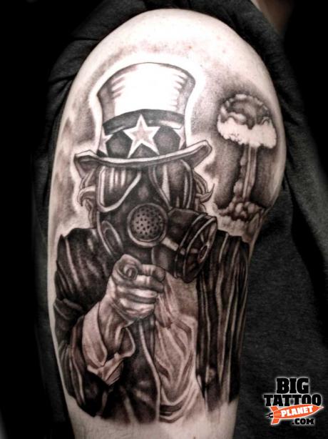 Right Half Sleeve Black And Grey Gas Mask Tattoo