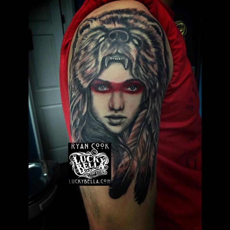 Right Half Sleeve Grey Ink Bear Girl Tattoo