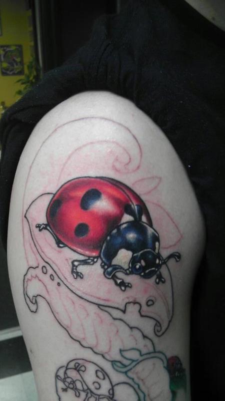 Right Half Sleeve Red Ladybug Tattoo On Shoulder