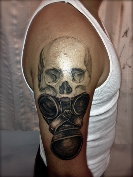 Right Half Sleeve Skull And Gas Mask Tattoo For Men