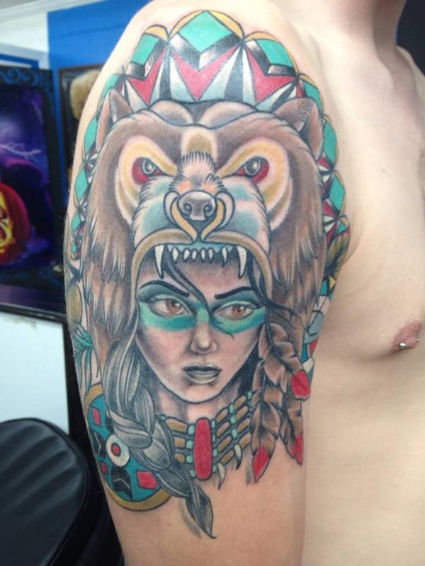 Right Shoulder Colored Bear Girl Tattoo