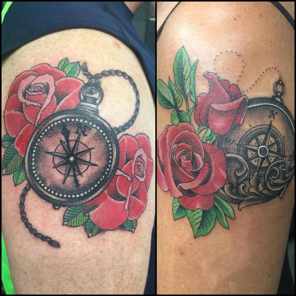 Rose Flowers And Nautical Pocket Watch Tattoos On Shoulder by Revolt Tattoos