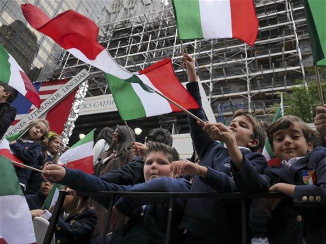 School Kids Waving Flags Waiting For Columbus Day Parade