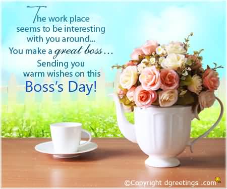 Sending You Warm Wishes On This Boss's Day 2016 Tea Cup And Flowers Bouquet Picture