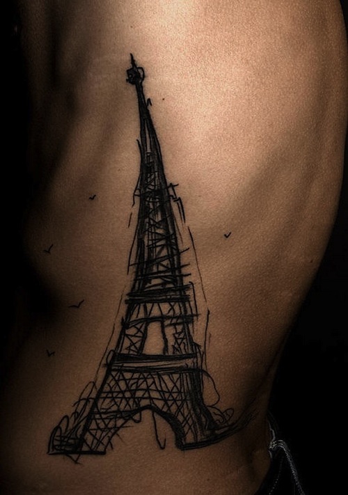 Side Rib Black Ink Eiffel Tower Tattoo