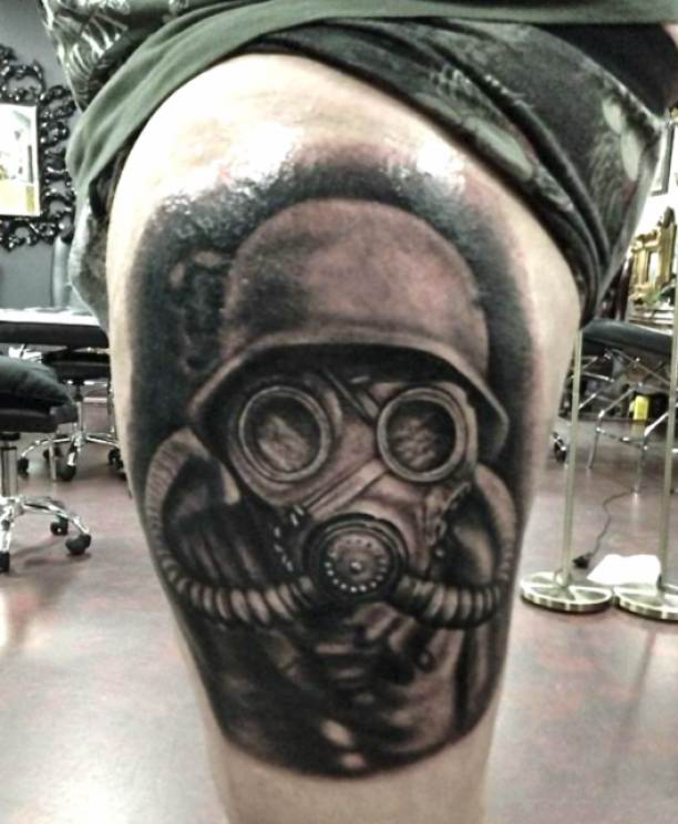 Side Thigh Soldier Gas Mask Tattoo