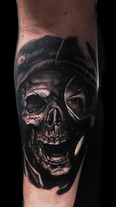 Skull Gas Mask Tattoo On Arm