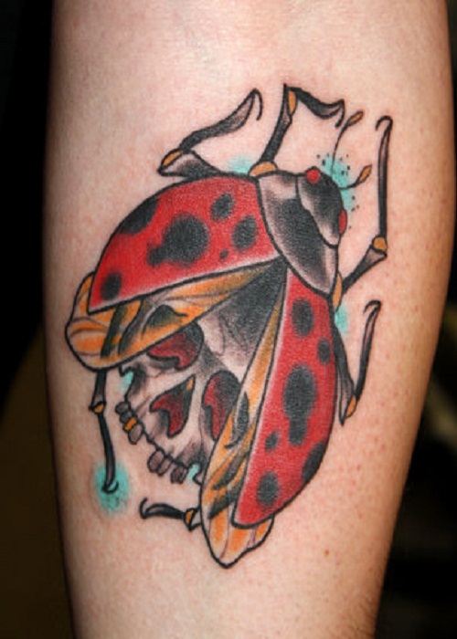 Skull In Ladybug Tattoo On Arm