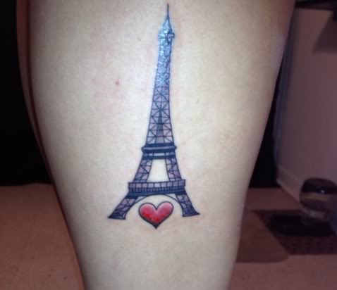 Small Red Heart And Eiffel Tower Tattoo On Leg
