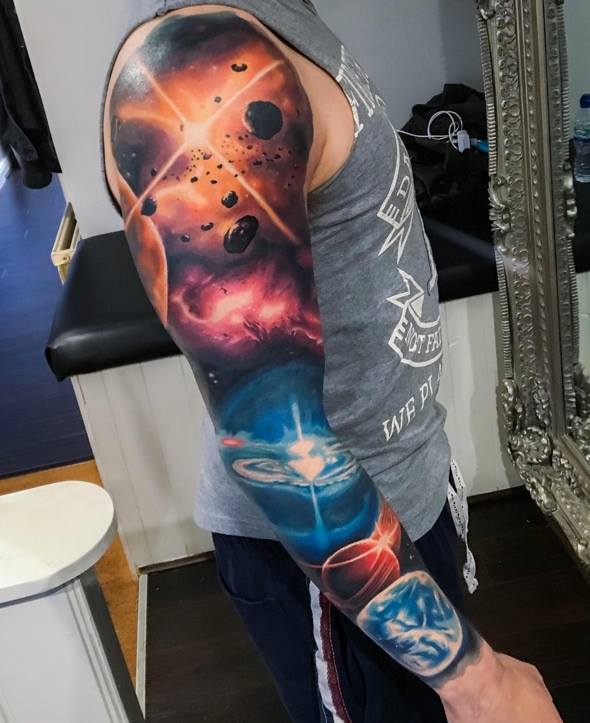 Space Tattoo On Full Sleeve by Joe Carpenter