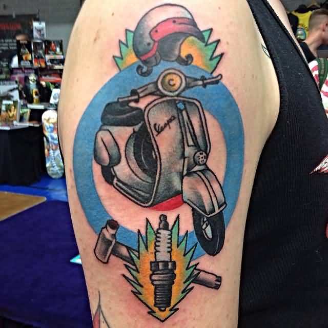 Spark Plug and Scooter Tattoo On Right Shoulder