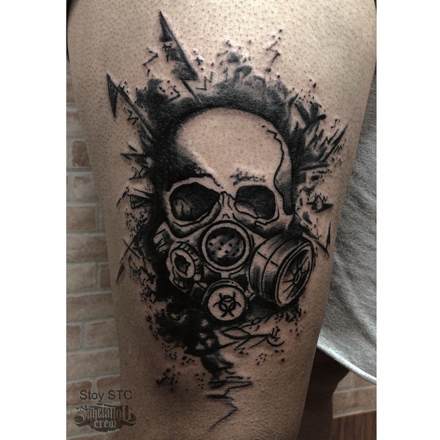 Terrific Skull With Gas Mask Tattoo
