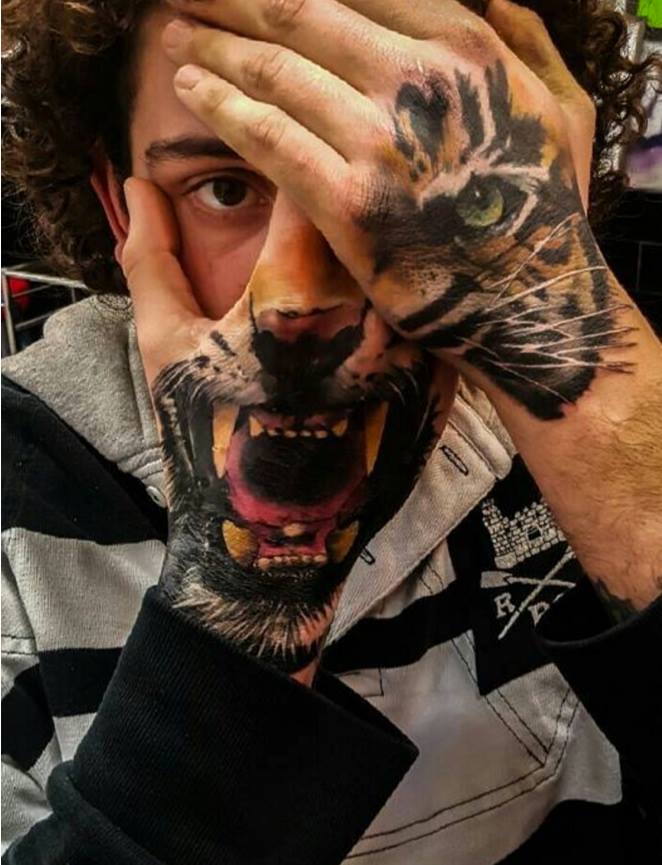 Tiger Face Tattoos On Both Hands